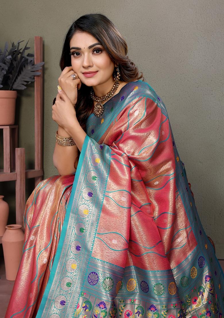 Peach Woven Tissue Silk Saree Set