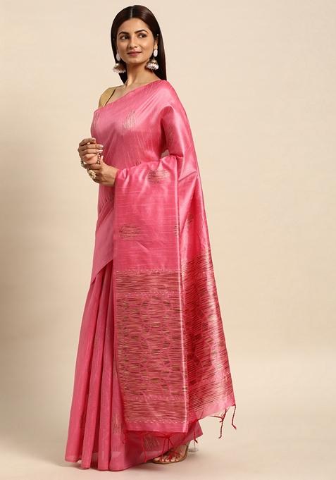 Baby Pink Woven Handloom Raw Silk Saree Set