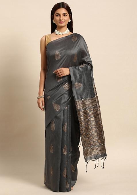 Grey Woven Handloom Raw Silk Saree Set