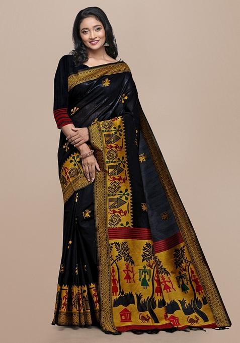 Black Woven Kalamkari Print Raw Silk Saree Set