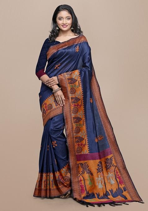 Blue Woven Kalamkari Print Raw Silk Saree Set