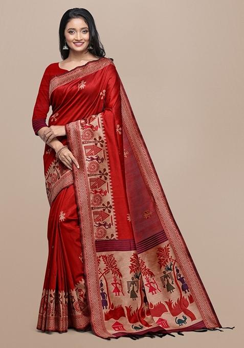 Red Woven Kalamkari Print Raw Silk Saree Set