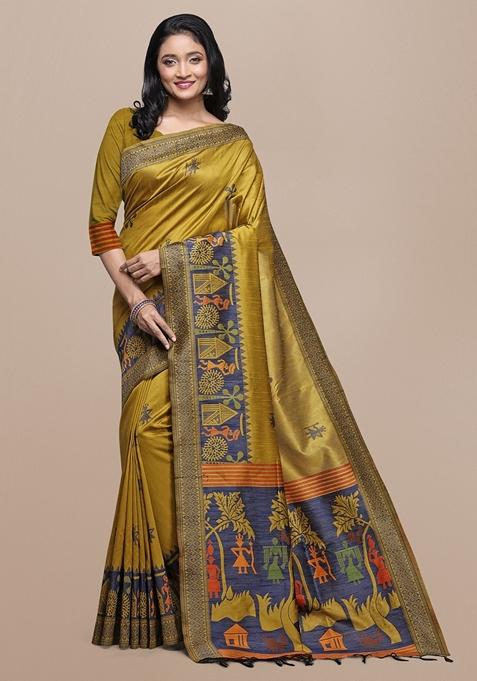 Yellow Woven Kalamkari Print Raw Silk Saree Set