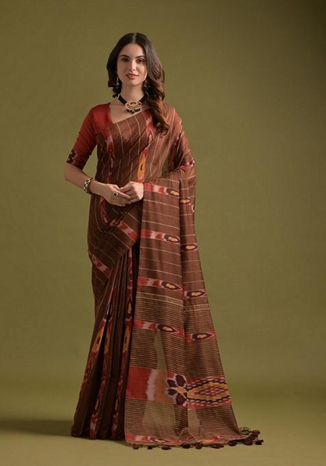 Coffee Brown Printed Soft Ikkat Cotton Saree Set