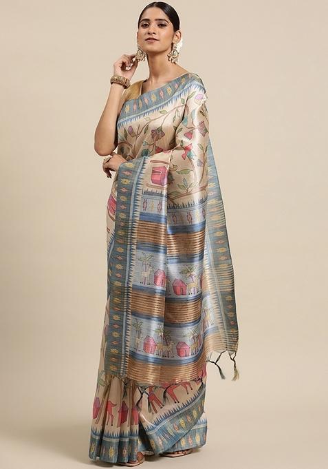 Blue Woven Kalamkari Print Soft Tussar Silk Saree Set