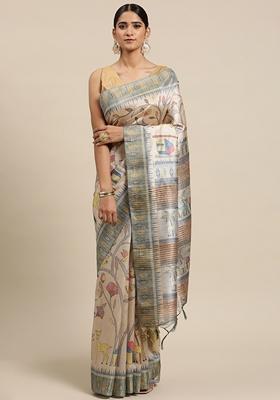 Grey Woven Kalamkari Print Soft Tussar Silk Saree Set