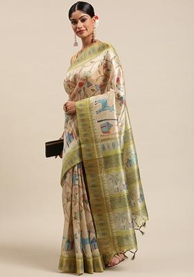 Parrot Green Woven Kalamkari Print Soft Tussar Silk Saree Set