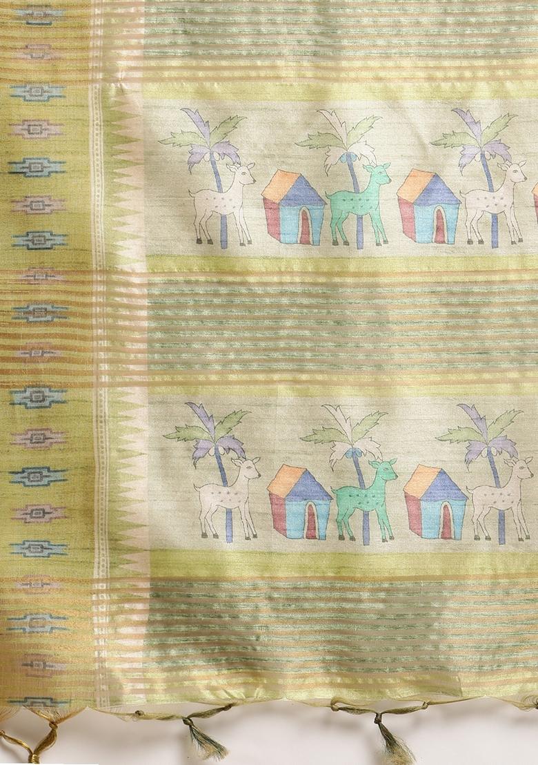 Parrot Green Woven Kalamkari Print Soft Tussar Silk Saree Set