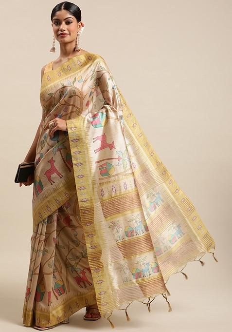 Yellow Woven Kalamkari Print Soft Tussar Silk Saree Set