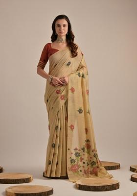 Chiku Brown Floral Thread Embroidered Muga Cotton Saree Set