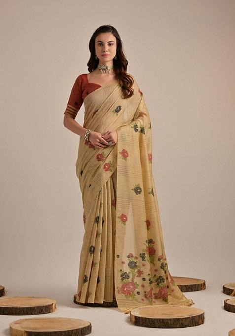 Chiku Brown Floral Thread Embroidered Muga Cotton Saree Set