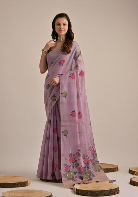 Lavender Floral Thread Embroidered Muga Cotton Saree Set