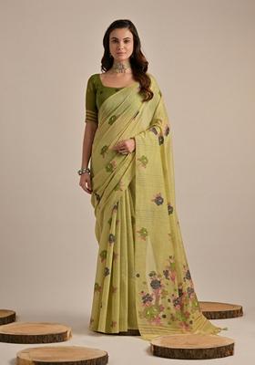 Pista Green Floral Thread Embroidered Muga Cotton Saree Set