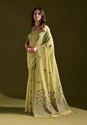 Pista Green Woven Thread Embroidered Muga Cotton Saree Set
