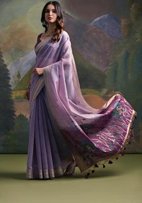 Lavender Woven Thread Embroidered Muga Cotton Saree Set