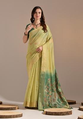 Pista Green Woven Thread Embroidered Muga Cotton Saree Set