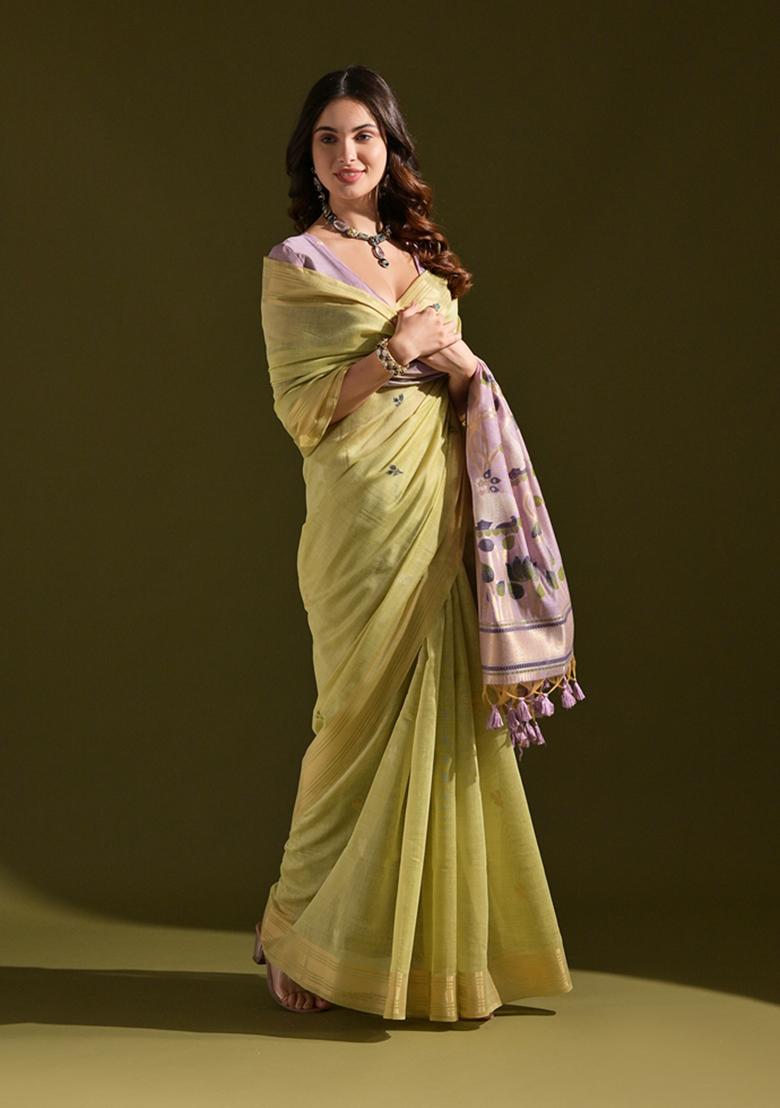 Pista Green Floral Print Muga Cotton Saree Set