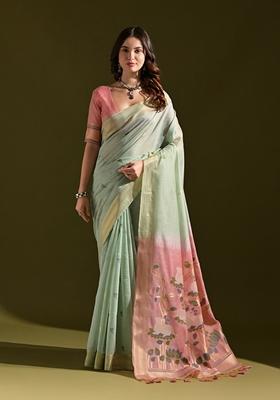 Sea Green Floral Print Muga Cotton Saree Set