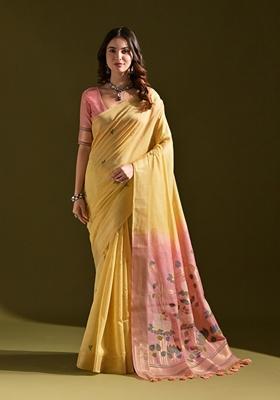 Yellow Floral Print Muga Cotton Saree Set