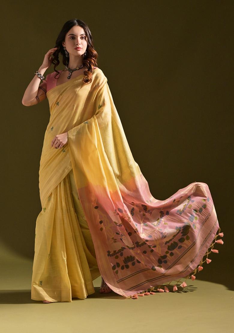 Yellow Floral Print Muga Cotton Saree Set