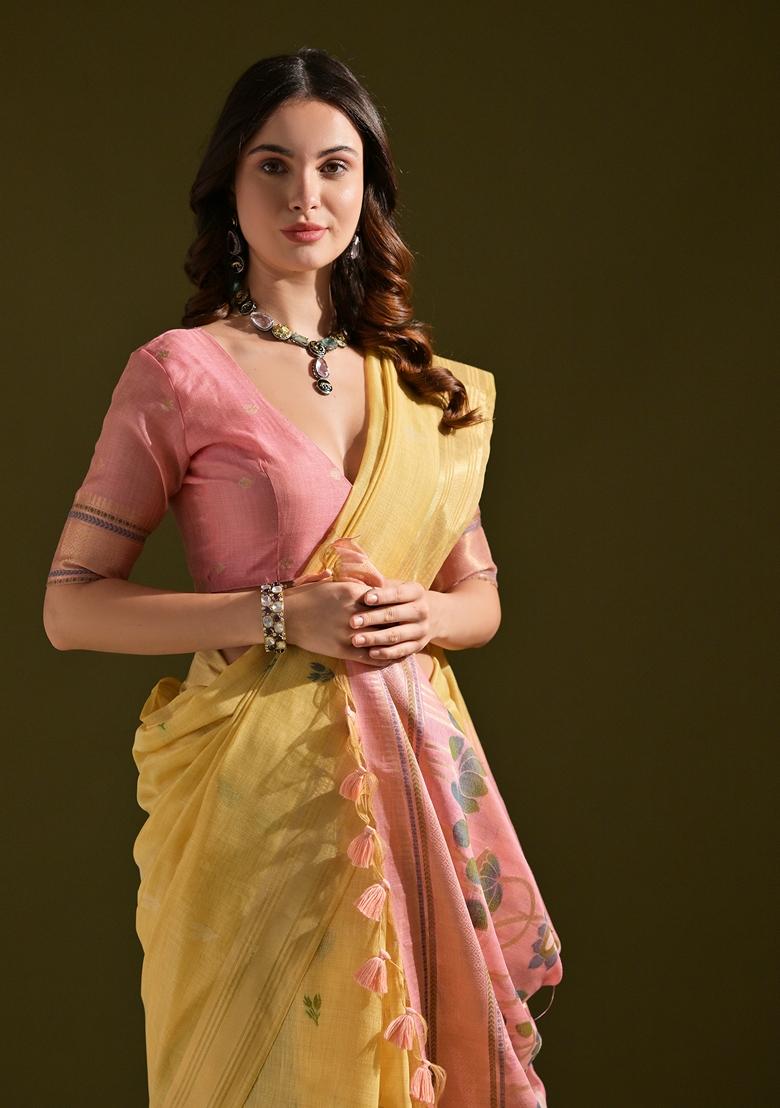 Yellow Floral Print Muga Cotton Saree Set