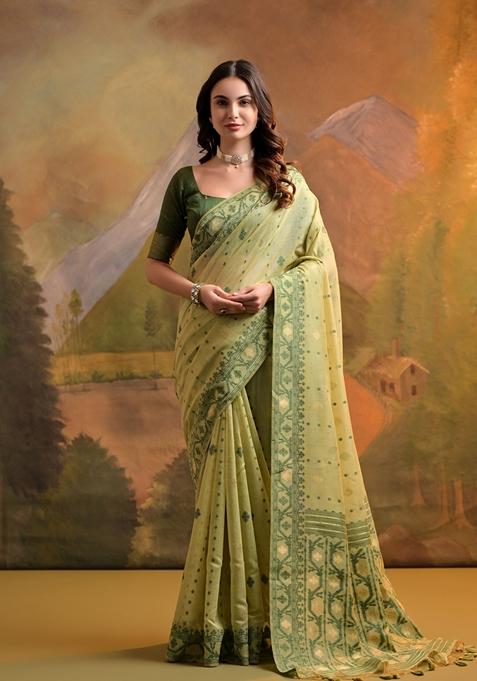 Pista Green Woven Thread Embroidered Muga Cotton Saree Set