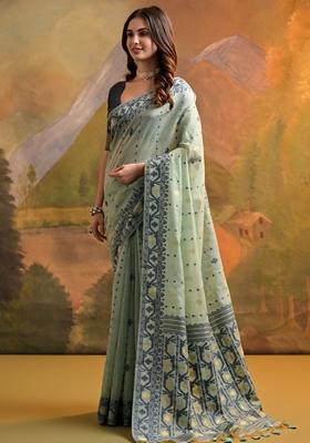 Sea Green Woven Thread Embroidered Muga Cotton Saree Set