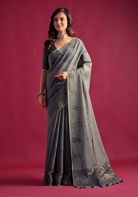 Grey Woven Mulmul Cotton Saree Set