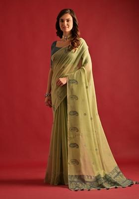 Pista Green Woven Mulmul Cotton Saree Set