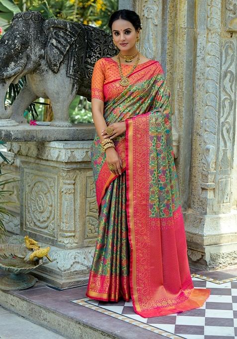 Rani Pink Zari Woven Kanjivaram Saree Set