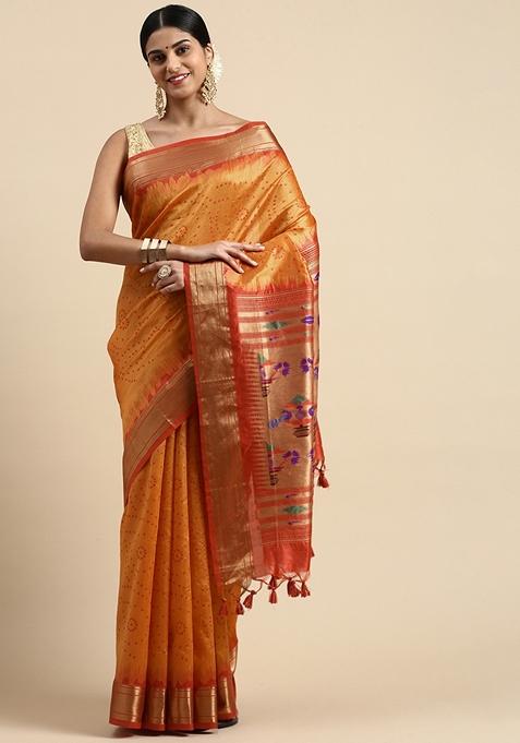 Orange Zari Woven Paithani Silk Saree Set