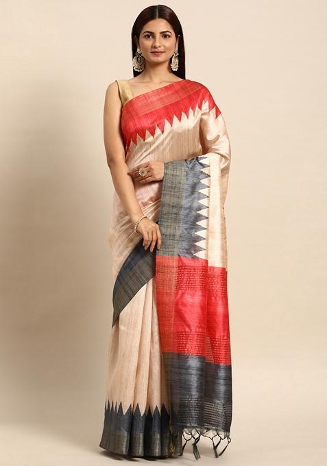 Grey Solid Tussar Silk Saree Set