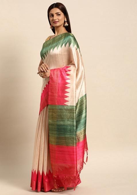 Pink Solid Tussar Silk Saree Set