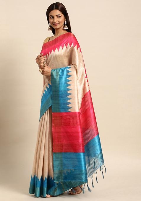 Rama Blue Solid Tussar Silk Saree Set