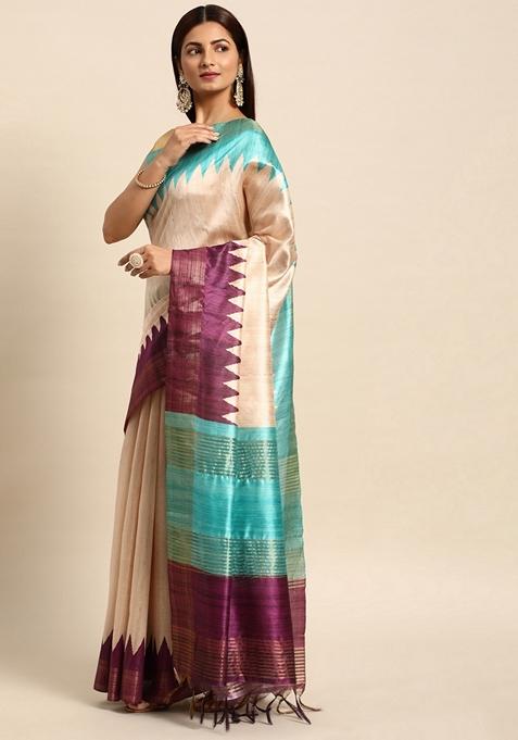 Wine Solid Tussar Silk Saree Set