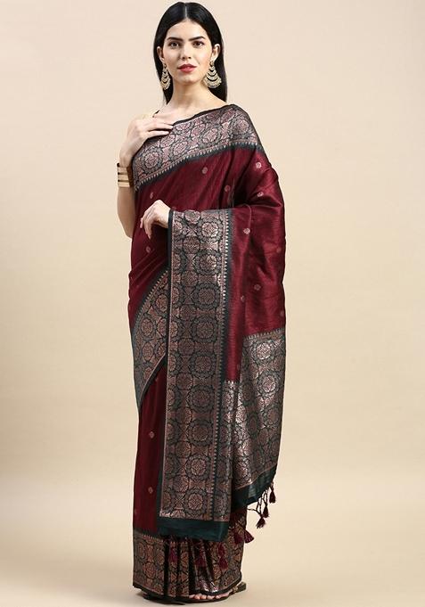 Maroon Zari Woven Banarasi Silk Saree Set