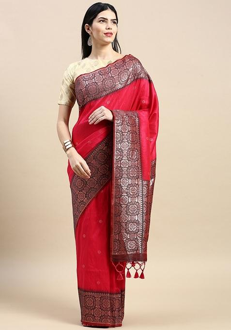 Pink Zari Woven Banarasi Silk Saree Set