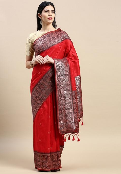 Red Zari Woven Banarasi Silk Saree Set