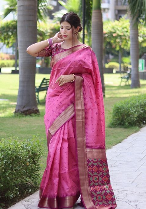 Baby Pink Zari Woven Raw Silk Saree Set