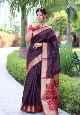 Brown Zari Woven Raw Silk Saree Set