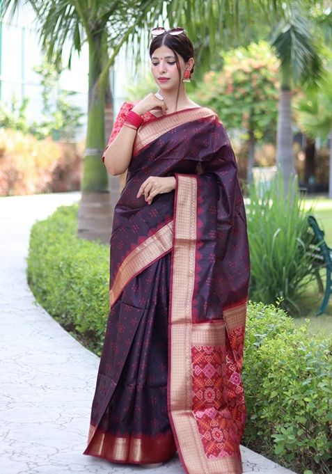 Brown Zari Woven Raw Silk Saree Set