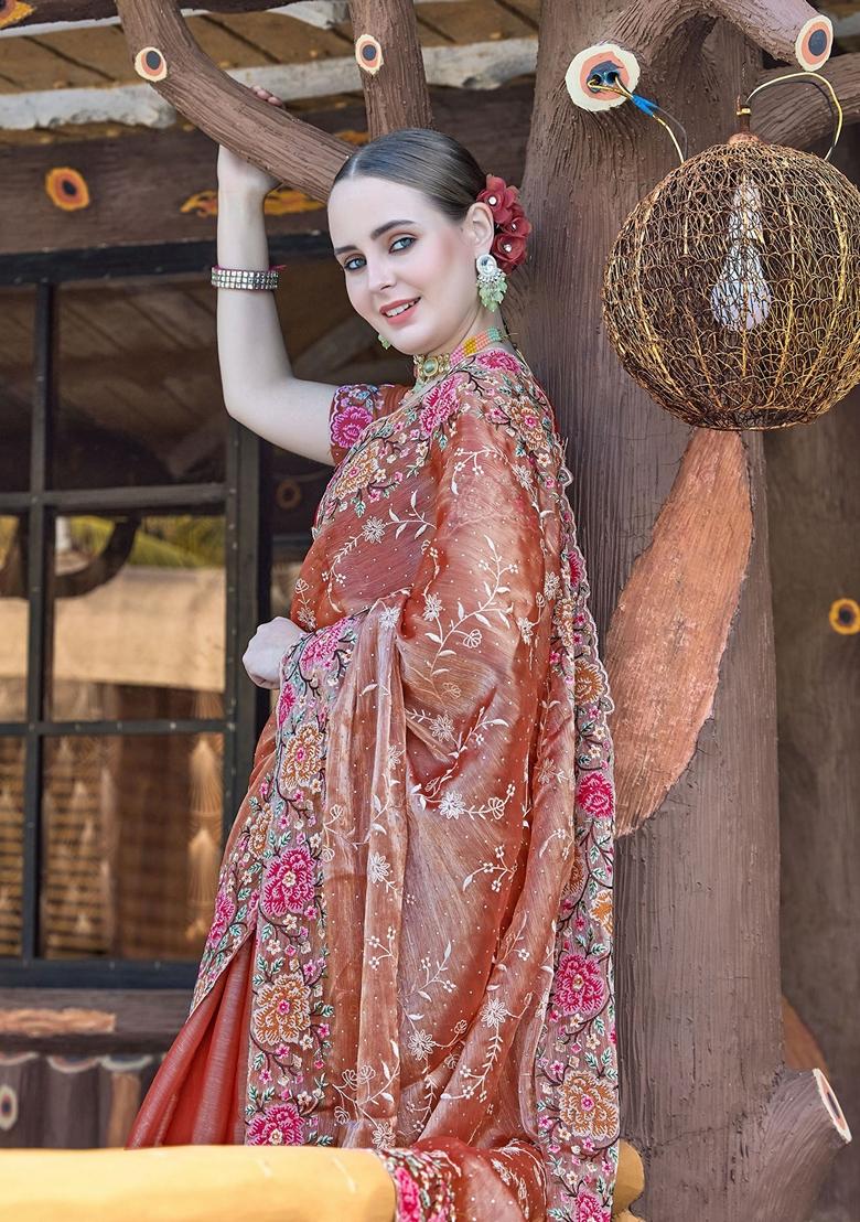Dusty Peach Resham Embroidered Burberry Silk Saree Set
