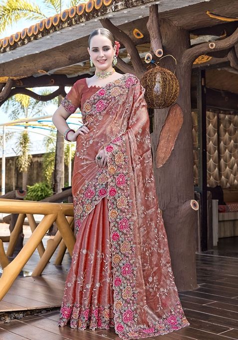 Dusty Peach Resham Embroidered Burberry Silk Saree Set