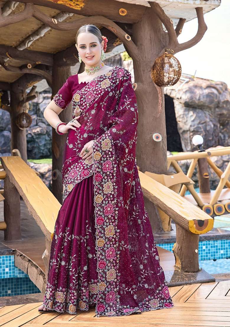 Wine Resham Embroidered Burberry Silk Blend Saree Set for Diwali and Festive Wear - Indya