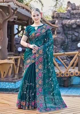 Morpeach Resham Embroidered Burberry Silk Saree Set