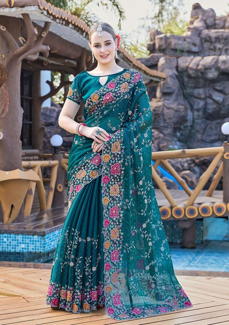 Morpeach Resham Embroidered Burberry Silk Blend Saree Set for Diwali and Festive Wear - Indya