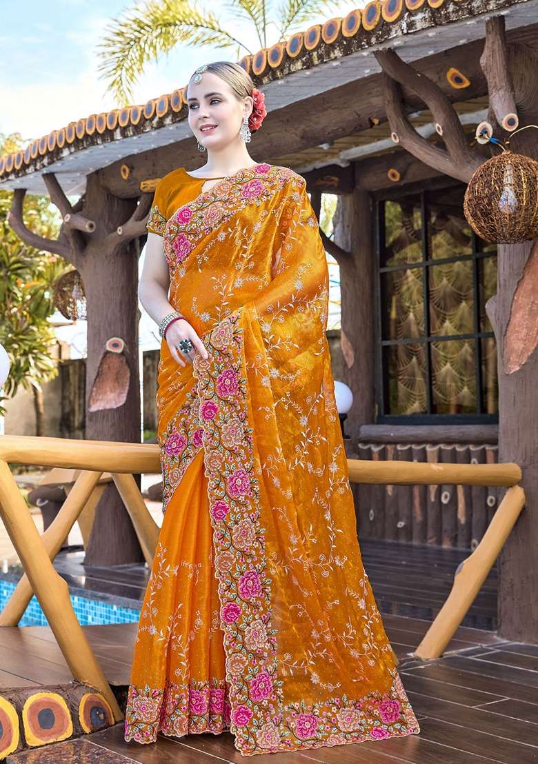 Mustard Resham Burberry Silk Blend Saree Set with Embroidered for Diwali | Wedding & Festive Wear - Indya