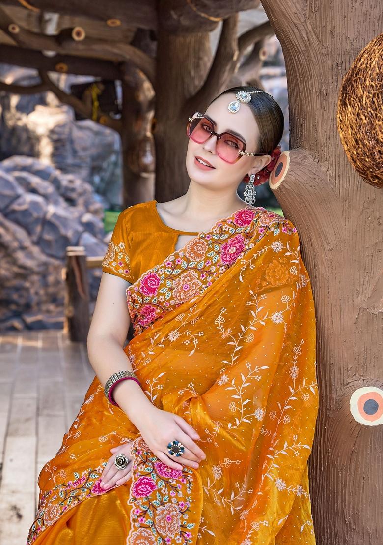 Mustard Resham Embroidered Burberry Silk Saree Set