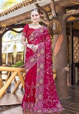 Cherry Red Resham Embroidered Burberry Silk Saree Set