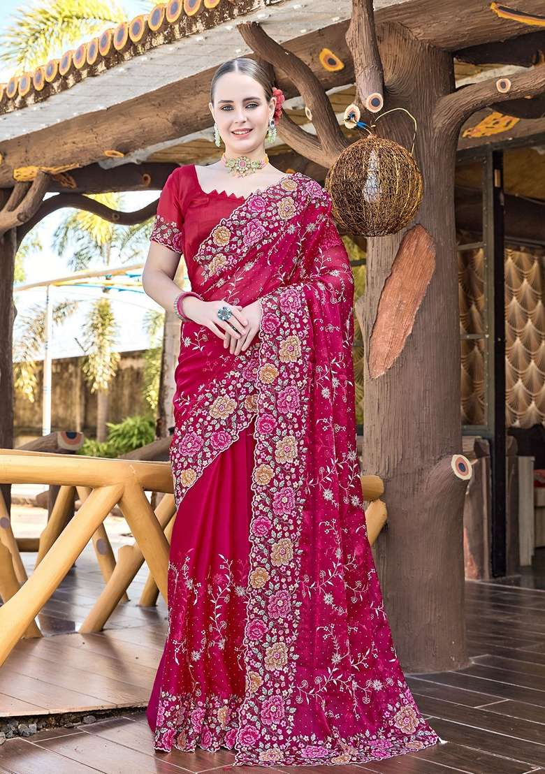 Cherry Red Resham Burberry Silk Blend Saree Set with Embroidered for Diwali | Wedding & Festive Wear - Indya